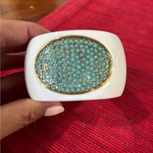 White and Gold Oval Cuff Bracelet with Turquoise Accents